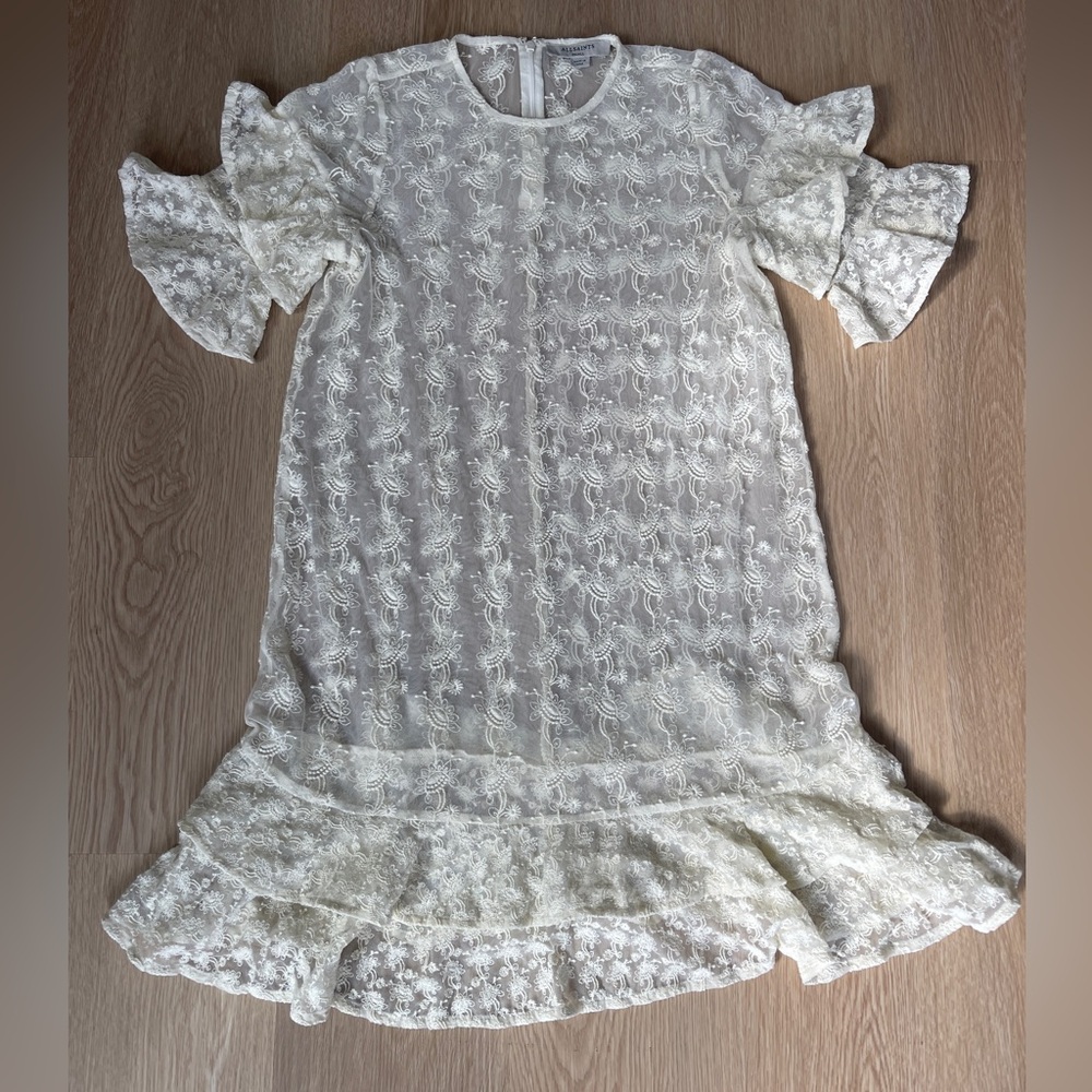 ALL SAINTS Tiered Ruffle Lace-Mesh Dress, Size S